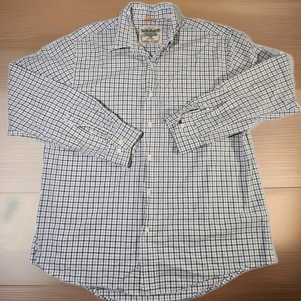 Timberland Button Down Shirt Mens L White Blue Plaid Long Sleeve Rugged Casual